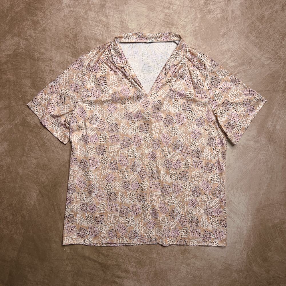 Vintage 70s Union Made Geometric Print Polyester Shirt Short Sleeve High Neck
